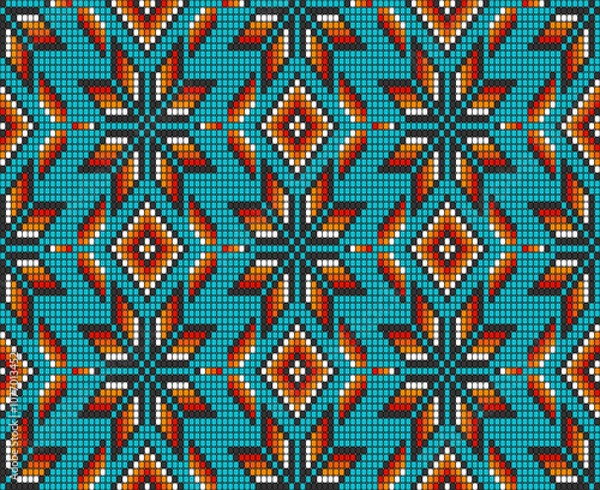 Fototapeta Timeless Southwest Native American Aztec beads motif teal Vector Pattern. Tribal beaded geometrics in red, orange, yellow, teal seamless pattern.