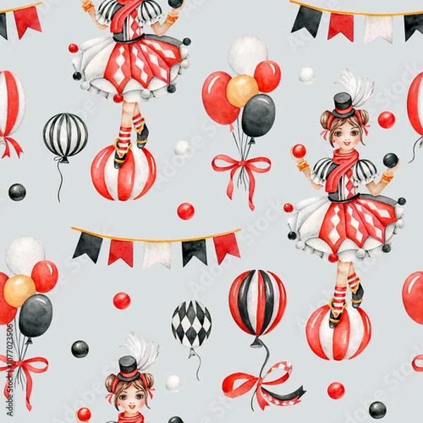 Obraz Circus pattern.Hand drawn elements:juggler girl,balloons,balls.Circus performance.Kids pattern design