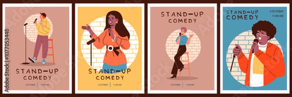 Fototapeta Comedian artist woman, man with microphone perform stand-up comedy show on stage vector announcement poster design set