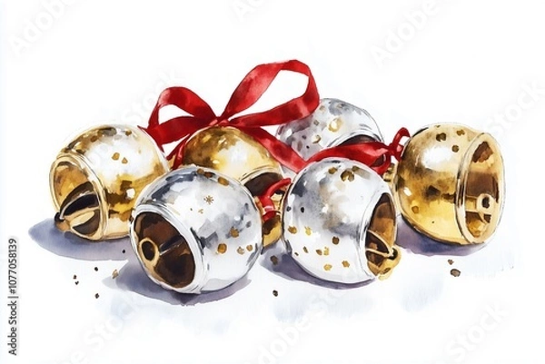 Fototapeta Watercolor illustration of silver and gold jingle bells with a red ribbon on a white background