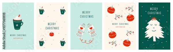 Fototapeta Set Christmas cards with Christmas ball, mug, tree, christmas elements. Vector illustrations