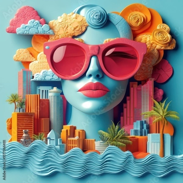 Obraz Whimsical cityscape with face and large sunglasses