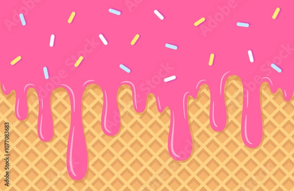 Obraz Melting ice cream with colorful candy sprinkles on wafer background. Waffle cone with dripping pink dessert texture. Sweet strawberry ice cream boarder. Vector illustration.