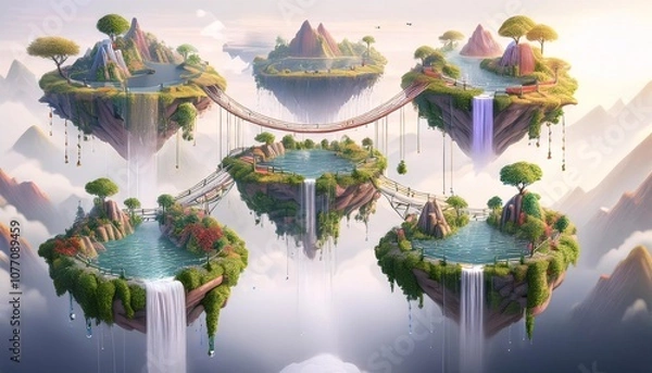 Fototapeta A series of fantacy playful floating verdant islands suspended in mid-air