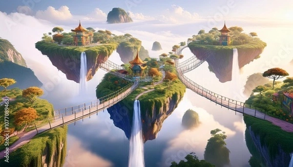 Fototapeta A series of fantacy playful floating verdant islands suspended in mid-air