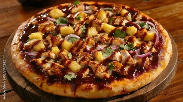 Fototapeta A delightful barbecue chicken pizza topped with juicy pineapple, red onions, and fresh herbs, set against a warm wooden backdrop inviting indulgence.