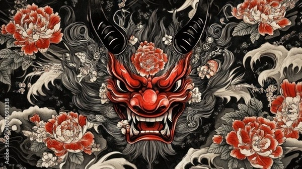 Obraz Japanese oni devil mask art with floral ornaments background wallpaper AI generated image