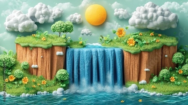Fototapeta A waterfall and clouds are depicted in a cartoon-style representation of Earth Day, promoting environmental awareness in a playful way
