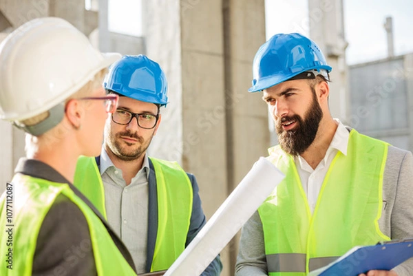 Fototapeta Mixed team of young Caucasian architects and engineers meeting on a construction site, looking at progress reports and talking