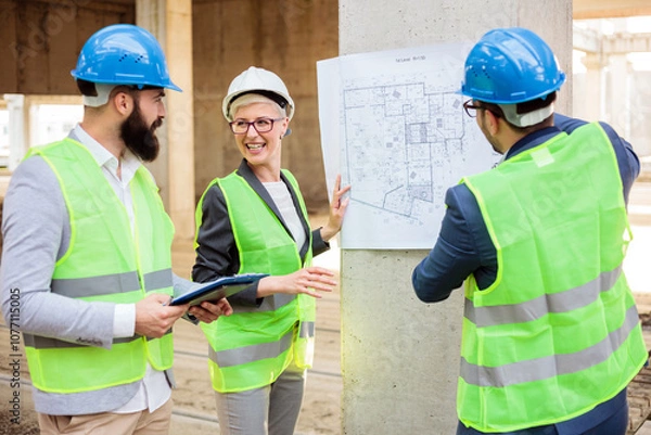Fototapeta Team of young architects and business partners discussing and arguing during a meeting on a construction site.
