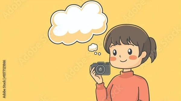 Obraz A cheerful cartoon character enjoys photography while holding a small camera against a bright yellow background
