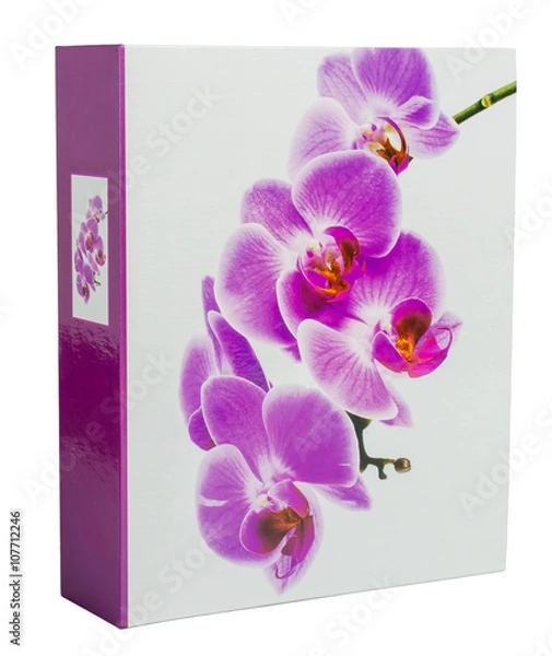 Fototapeta Lilac photo album with flower on wite backround