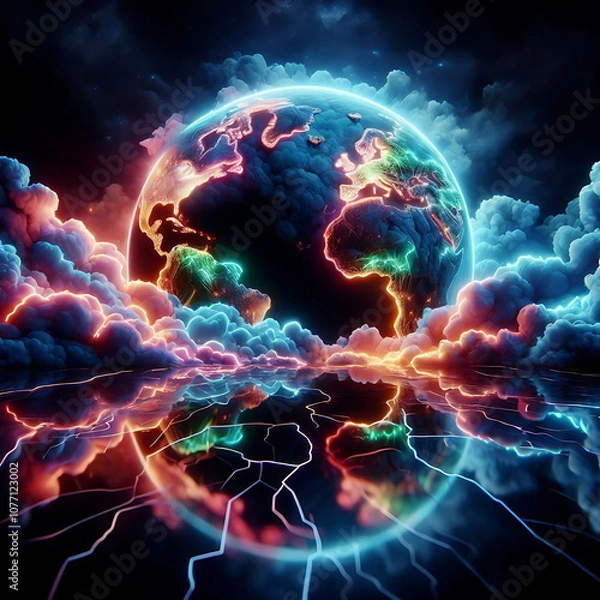 Obraz Colorful Landscape Art, Earth Planet , Magic, Neon Lights, 3D Nature, 4K Background , for Youtube thumnail or background video or music cover art , or home decor