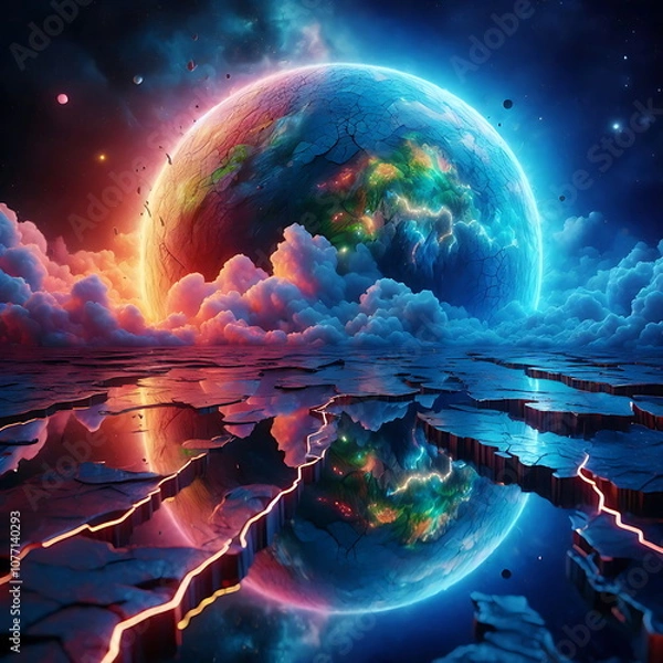 Obraz 4K Background ,Colorful Landscape Art, Earth Planet , Magic, Neon Lights, 3D Nature,  for Youtube thumnail or background video or music cover art , or home decor
