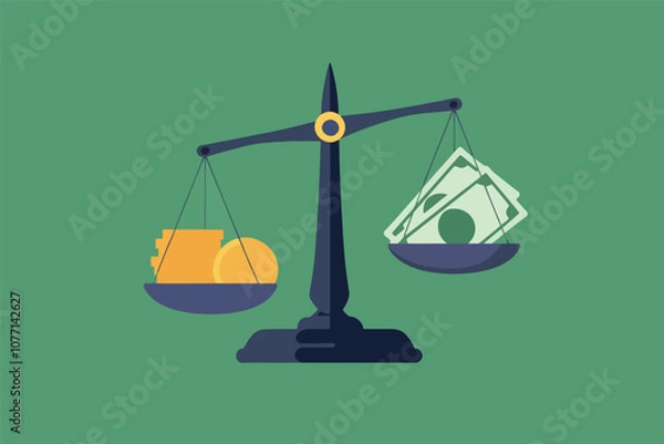 Obraz Vector illustration of scale with coins and money bills on green background.