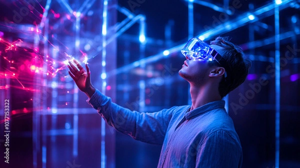 Fototapeta Immersive virtual reality experience with man wearing VR goggles