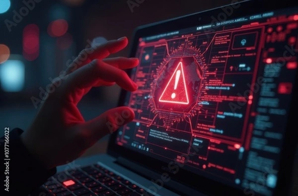 Obraz Futuristic Cybersecurity Alert: Holographic Error Warning in High-Tech Digital Environment with Neon Red Illumination and Data Streams 
