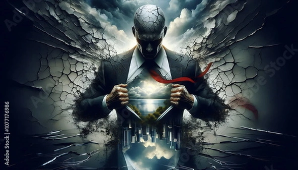 Obraz Creating a New Path in Business and Never Giving Up , New Technology , How to Make Money ,Smart , Cybersecurity , Superhero Businessman Facing Challenges ,Company Issues,  AI , 4K , Background