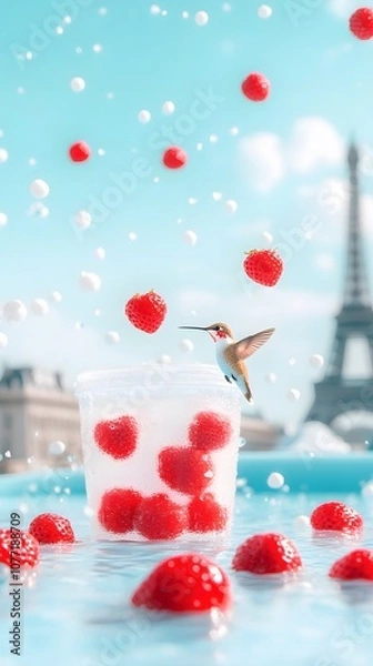 Fototapeta Delightful Scene of Hummingbird and Strawberries with Paris Background, Capturing a Refreshing Summer Vibe in a Vibrant Blue Pool