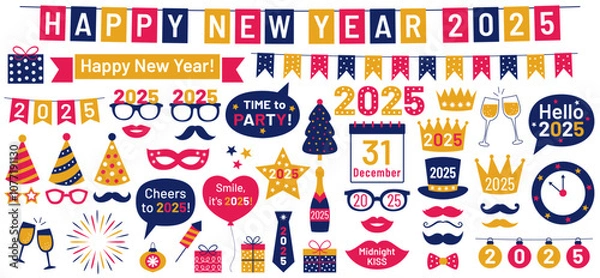 Fototapeta "Happy New Year 2025" banner, party props, hats, glasses, gift boxes, decoration, speech bubbles with greetings, fireworks, design elements, vector clip art