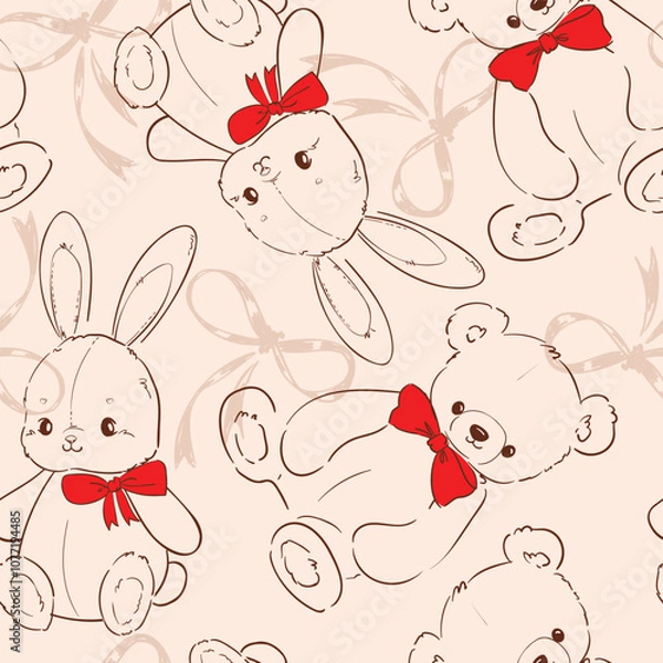 Obraz seamless pattern with cute bunny and teddy bear vector illustration 