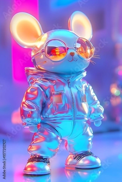 Fototapeta Cyber Mouse Plush Figurine in Shiba Inu Hoodie  Neon Holographic Blind Box Style Toy with Cute Kawaii Posture