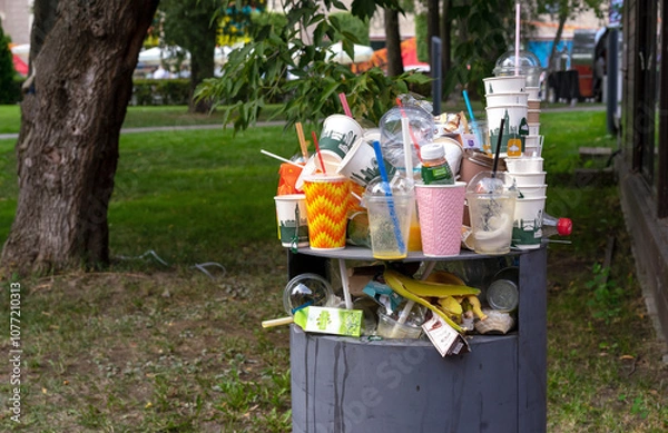 Fototapeta Full garbage bin on a street in the city. Concept of garbage pollution in large cities.