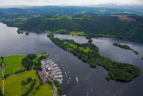 Fototapeta Aerial view of Lake Windermere with 'Belle Island' in the Lake district