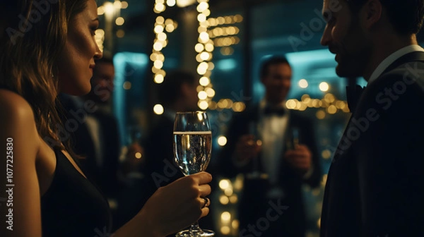 Fototapeta A professional New Years Eve corporate party in a sleek modern office with colleagues networking dressed in formal attire and enjoying a champagne toast.