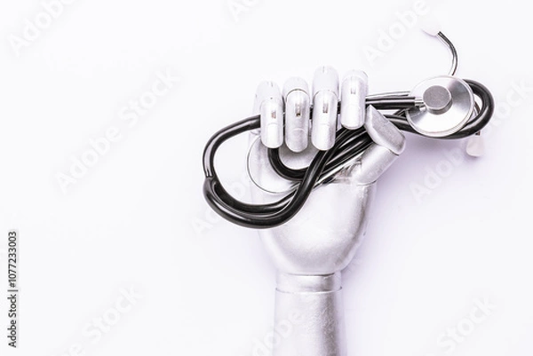 Obraz Silver metallic robot hand with medical stethoscope on white backgroond close up. AI and smart technologies in medicine and diagnostic concept.