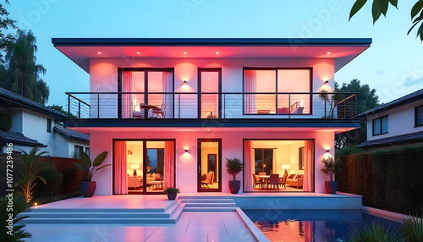 Fototapeta a house with a balcony and a balcony with a view of the mountains