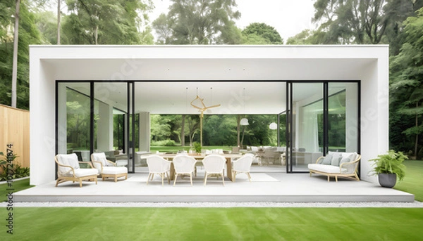 Fototapeta a house with a garden and a large glass wall that has a glass door