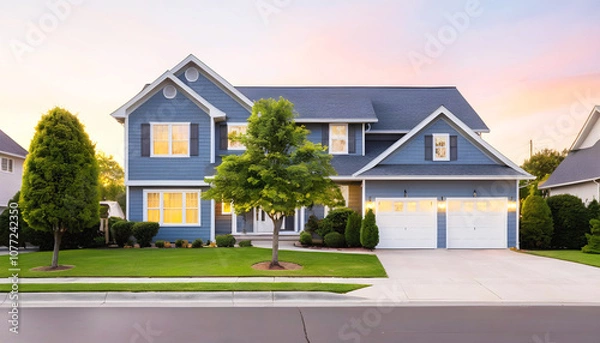 Fototapeta a blue house with a blue roof and a blue house with a tree in the front