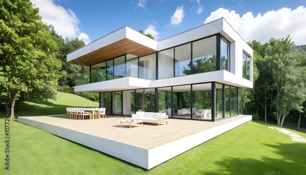 Fototapeta a house with a lot of windows and a balcony