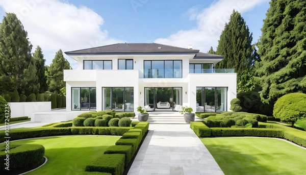 Fototapeta a white house with a balcony and a balcony with a view of the outside