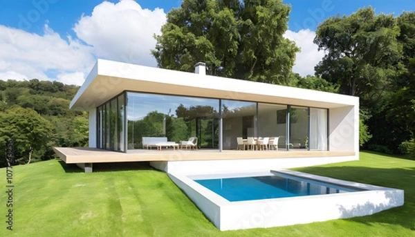 Fototapeta a white house with a balcony and a balcony with a view of the outside