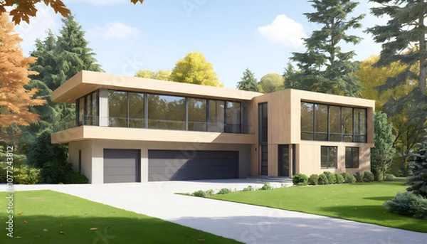 Fototapeta a house with a lot of windows and a driveway