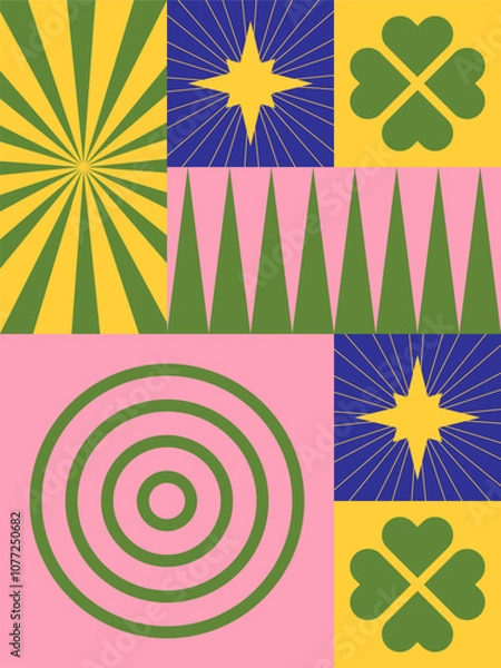 Fototapeta Holidays Cute Composition with Geometry Elements. Playful Grid for kids. Retro ornament. Print for social media. Simple shape with hearts. Green and pink colors. For banners, posters, packaging 