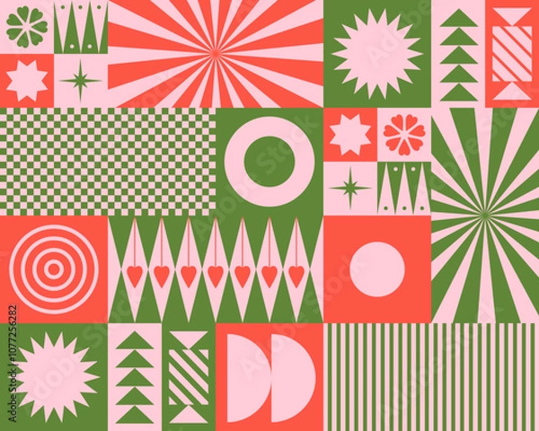 Fototapeta Holidays Cute Composition with Geometry Elements. Grid for kids. Retro ornament. Print for Christmas or Eve New Year. Simple shape with hearts. Green and red colors. For banners, posters, packaging 