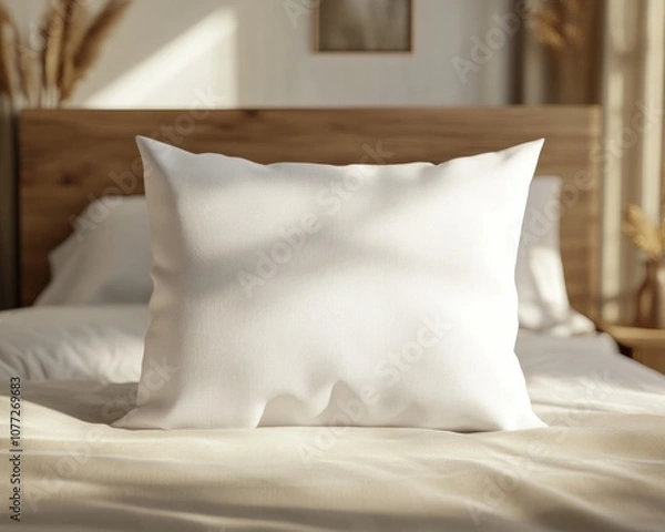 Fototapeta White pillow in the style of mockup that lie in the middle of the bed 