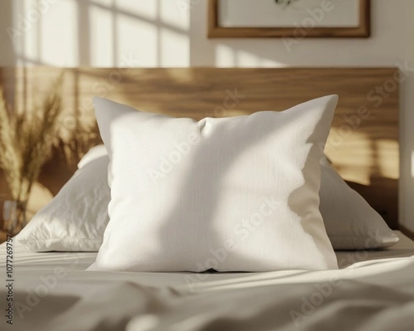 Fototapeta White pillow in the style of mockup that lie in the middle of the bed 