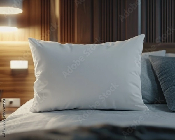 Fototapeta White pillow in the style of mockup that lie in the middle of the bed 