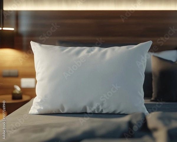 Fototapeta White pillow in the style of mockup that lie in the middle of the bed 