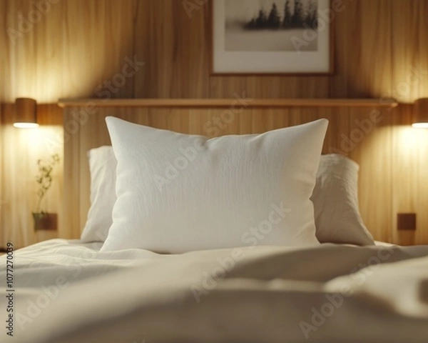 Fototapeta White pillow in the style of mockup that lie in the middle of the bed 