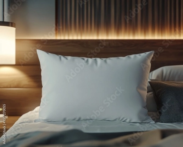 Fototapeta White pillow in the style of mockup that lie in the middle of the bed 
