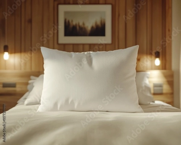 Fototapeta White pillow in the style of mockup that lie in the middle of the bed 