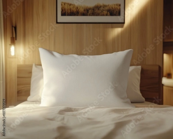 Fototapeta White pillow in the style of mockup that lie in the middle of the bed 