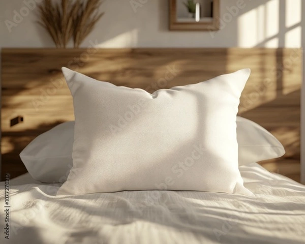Fototapeta White pillow in the style of mockup that lie in the middle of the bed 
