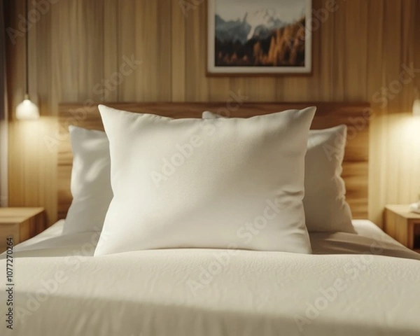 Fototapeta White pillow in the style of mockup that lie in the middle of the bed 