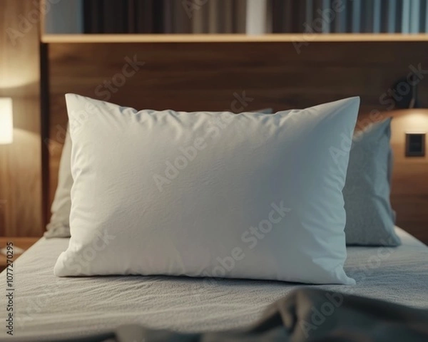 Fototapeta White pillow in the style of mockup that lie in the middle of the bed 